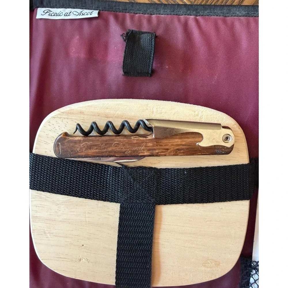 Vintage Picnic at Ascot Wine Cheese Travel Set - Corkscrew Cutting Board Napkins